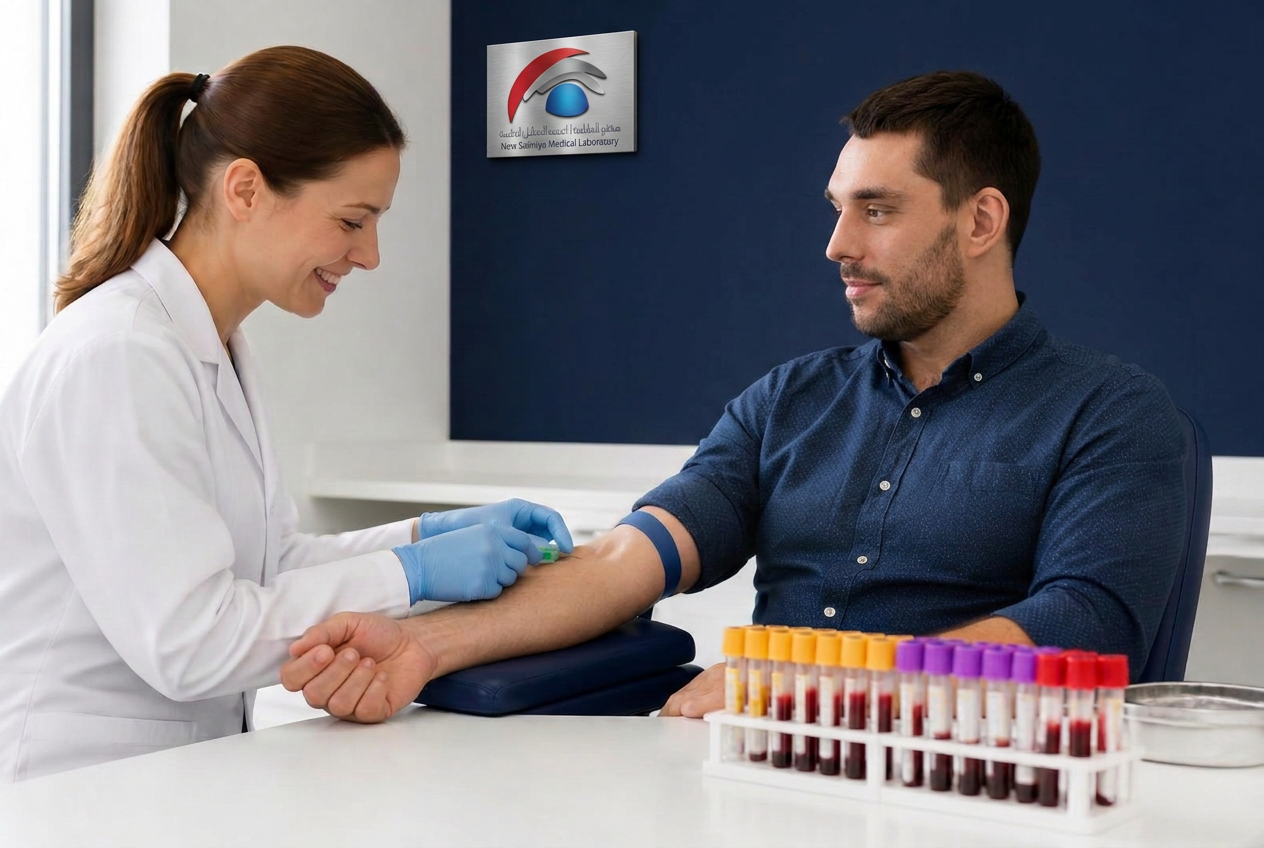 Laboratory technician collecting a blood sample from a patient in a modern lab